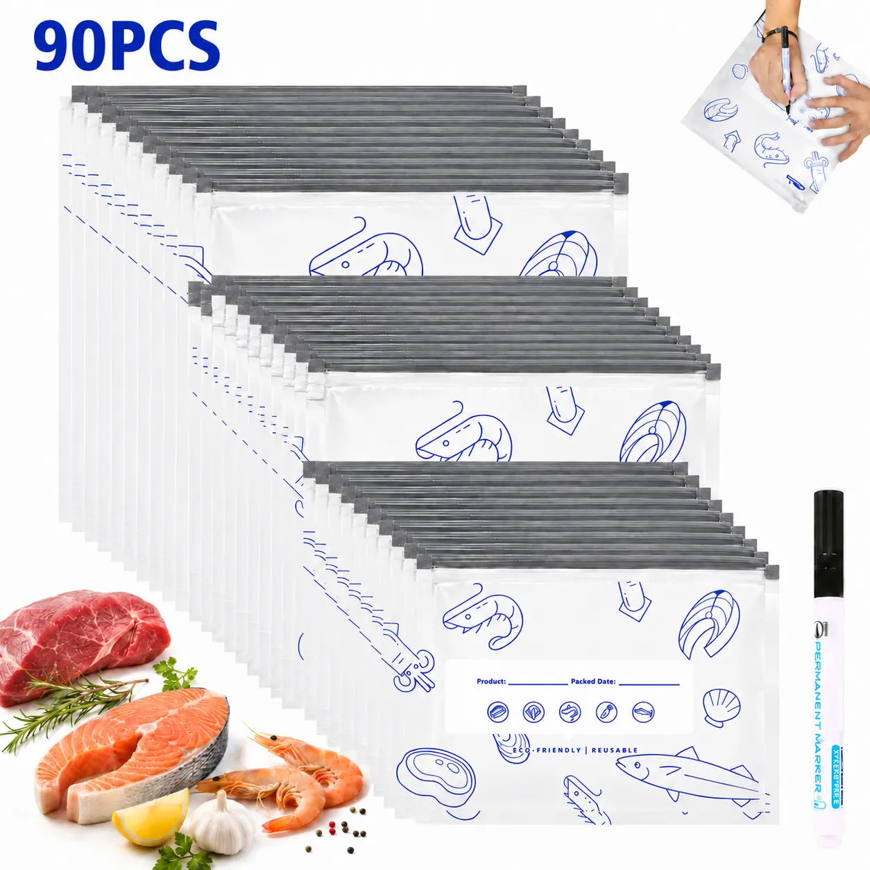90PCS【Refrigerated Food】Reusable Aluminum Foil Sealable Storage Bags, 2026 New Resealable Vacuum Zipper Pouches for Food, Stand Up Foil Sealable Bags with Label and Zip Lock for Vegetable Fruit Meat