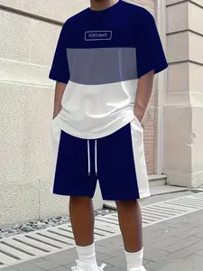 Men's Summer Casual Fitted Short Sleeve Top & Shorts Set, All-Over Printed Design, Ideal for Outdoor Activities & Family Gatherings