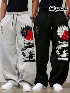 Men's 2-Piece Dragon Print Loose Drawstring Sport Pants, Adjustable Waist, Outdoor Fitness Long Pants, Casual Straight Leg, Sports Casual Pants