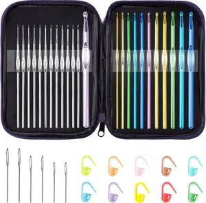 Multi-Color Metallic Crochet Hooks Set,  Art Aluminum Knitting  for Yarn Craft Set with Sylish Storage Bag, Stitch Markers and Big Eye  (Purple Bag)
