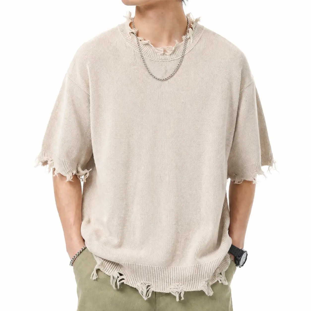 ANDREILEE Men's Korean Streetwear Distressed Knit Tee, Unisex Loose Fit Short-Sleeve Sweater with Fringe, Breathable Polyester Crewneck Tops for Daily Wear, Menswear