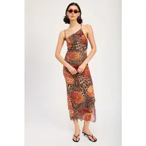 Mesh Printed One Shoulder Maxi Dress - Asymmetrical Neckline, Fitted Silhouette, Breathable Polyester, Summer Formal Wear, Feminine & Elegant