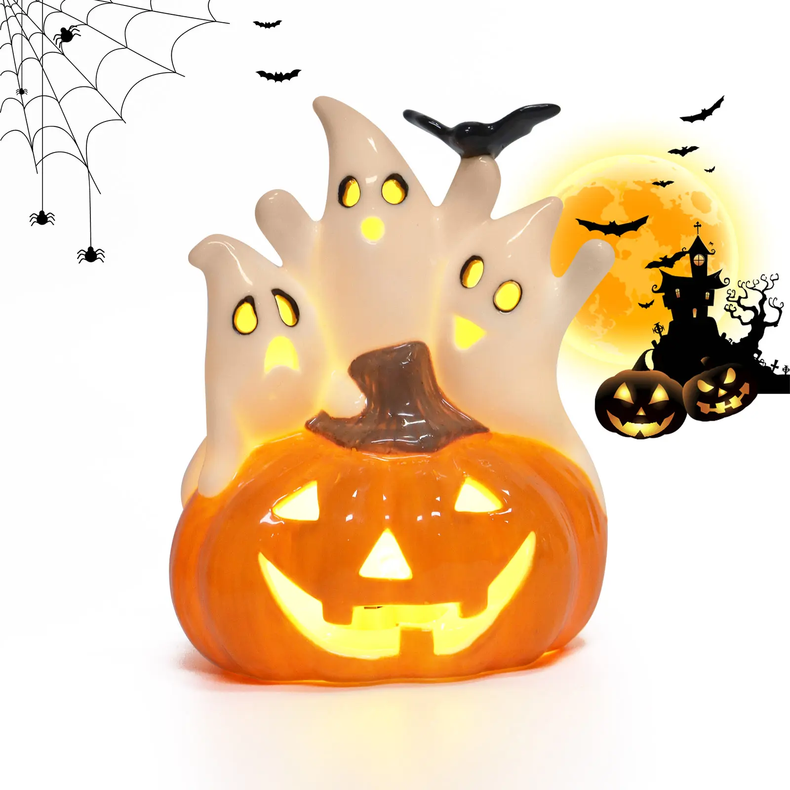 5.7in Irregular Ceramic Decorative Figurines & Miniatures - Whimsical Ghost Pumpkin Ornaments, Halloween Spooky Indoor Home Decorations