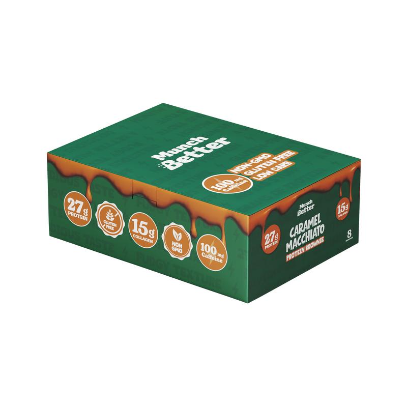 Munch Better High Protein Caramel Macchiato Brownies with Caffeine (8 Pack) - 27g Protein & 15g Collagen - Gluten-Free & No GMOs - US Made Energy Boost Snack