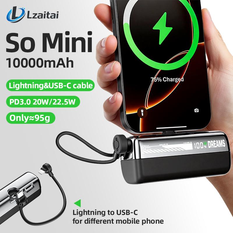 Lzaitai Portable Charger Nano Power Bank with Built-in USB C Connector lightning Connector 5000/10000mAh Portable Charger 22.5W, for iPhone 17/16/15 Series, Samsung S22/23/24 Series, iPad Pro/Air, AirPods, and More