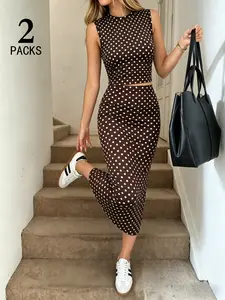 2 Pack Women's Polka Dot Sleeveless Crop Top & Midi Skirt Set, Slim Fit 2 Piece Summer Outfits, Trendy Clean Girl Style Streetwear with Paisley Print Vibe, Perfect for Daily Wear & Coachella Festival