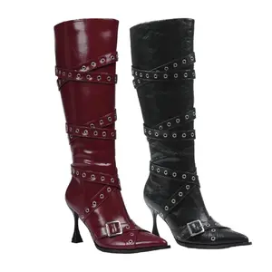 Women's Pointed Toe Stiletto Heel Buckle Knee High Boots with Zipper Gothic Style Punk Boots