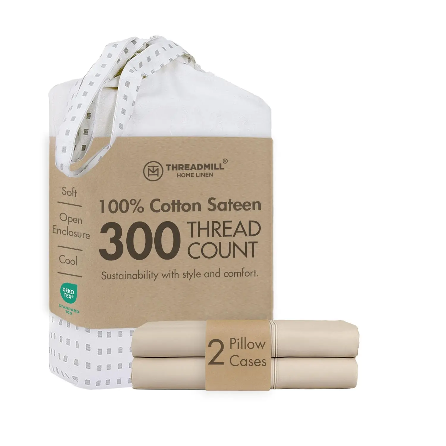 Threadmill Home Linen 2-Piece Premium Craftsmanship Pillow Cases Set - 100% Pure Cotton Jacquard Sateen Weave, 300 Thread Count Solid, Soft Breathable Cotton Yarns for Daily Use