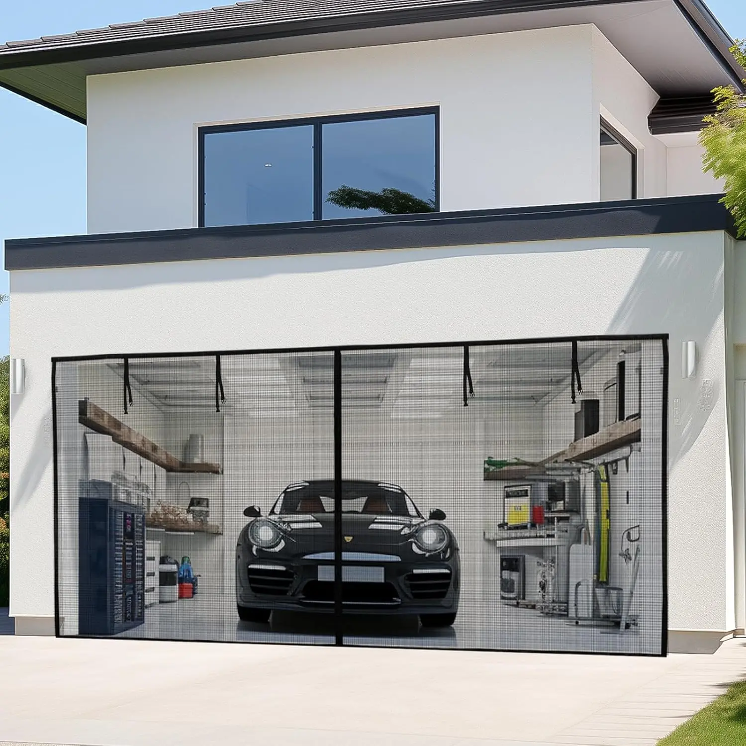 Garage Screen Door 16 x 8 Ft: Heavy Duty  Closure Mesh Screen Door for 2  Garage, Retractable Roll Up Screen Door for Patio, Hand-Free, Easy Install