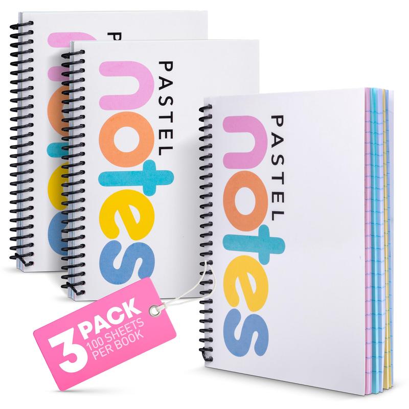 Spiral Notebook with Colored Pages, 5X7" with Vibrant Or Pastel College Ruled Paper, 100 Sheets/200 Pages, 3 Pack