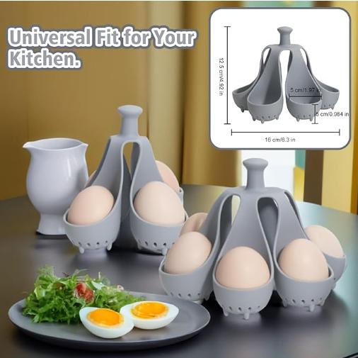 Silicone Egg Boiler Rack for Hard Soft Boiled Eggs, Food Grade Silicone Egg Boiler Cooker with 6 Holders, Kitchen Gadget for Cooking/Serving Eggs with Handle, Dishwasher Safe