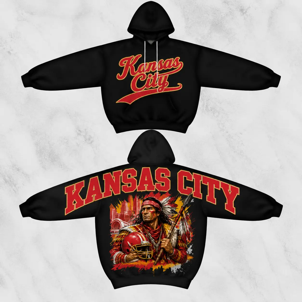 Kansas City Inspired Vintage Football Hoodie, Retro Varsity Graphic Pullover Hoodie, Distressed Warrior Artwork Oversized Streetwear Sweatshirt, Classic Sports Style Gift