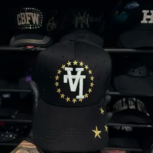 Star Hats- Star Black Baseball Cap with Gold Stars and White Logo, Adjustable Fit, Perfect for Casual Wear
