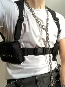 Functional style, versatile double bag chest bag, Chain belt bag, minimalist texture, adjustable shoulder strap, symmetrical silhouette, can accommodate headphones and keys, suitable for commuting and shopping, Zipper belt bag