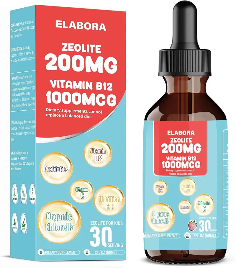 Elabora 60ML Zeolite Drops for Kids and Adults, Organic Chlorella, 200mg Zeolite Liquid Drops with 1000mcg Vitamin B12,10 Billion CFU & Prebiotics for Gut Support & Speech, Immune, Bone, Strawberry