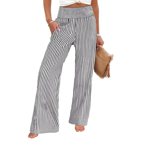 ANRABESS Womens Striped Gingham Palazzo Pants Lightweight Wide Leg High Waisted Lounge Pajama Pants Cute Casual Trousers with Pockets for Comfort