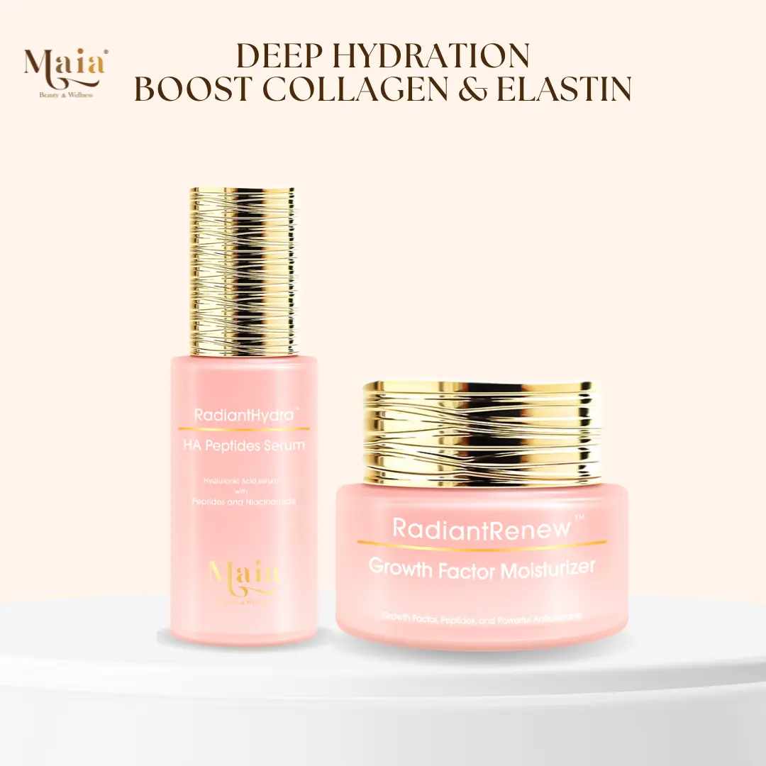 Maia Radiant Deep Hydration Set with HA Peptides Serum and Growth Factor Moisturizer Boosting Collagen Elastin for Firmer Skin
