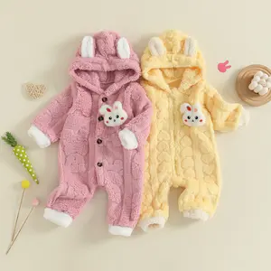 Calsunbaby Newborn Baby Girl Romper Long Sleeve Button or Zipper Hooded Jumpsuit Cute Cartoon Bunny Snowsuit Fluffy Flannel Overalls Girls Winter Clothes