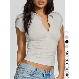Women's Basic Solid Color Slim-Fit Buttons Short-Sleeve Polo Shirt Tops - Fashionable, Comfortable Casual Wear for Daily & Outdoor Occasions, Shortsleeve