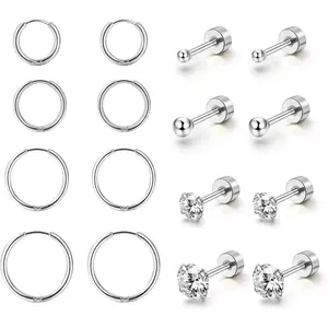 FLORIDECO 8Pairs 316L Surgical Steel Earring Set Cubic Zirconia Round Stud Earrings Hypoallergenic Cartilage Huggie Hoop Earrings Daily