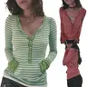 Women's Striped Breathable Knit Polo Shirt - Long Sleeve, 3/4 Button-Front Pullover, Pocketed, Soft Polyester Knitwear, Cute Top for Beach & Festival, Trending Streetwear