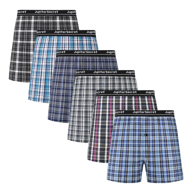 JupiterSecret Menswear 6pcs Men's Plaid Woven Boxer Shorts - Elastic Waistband, Breathable Fabric, Soft Touch, Assorted Colors, Checked