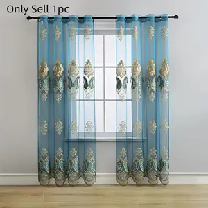 1pc Elegant Peacock Blue Floral Embroidered Curtain Set, Home Decoration Curtain Lightweight Luxury Light Blocking Drapes Window Curtain for Living Room Bedroom Balcony Door Decor