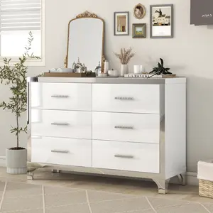 Elegant High Gloss Dresser with Metal Handle Mirrored Storage Cabinet with 6 Drawers for Bedroom Living Room White