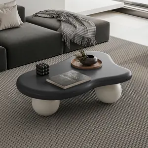 40-Inch Cloud-Shaped Coffee Table with 3 Ball Legs, Black Top and White Legs, for Living Room Indoor Furniture