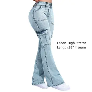 Flamingals Multi Pocket Double Button Mid Rise Flare Cargo Jeans Womenswear