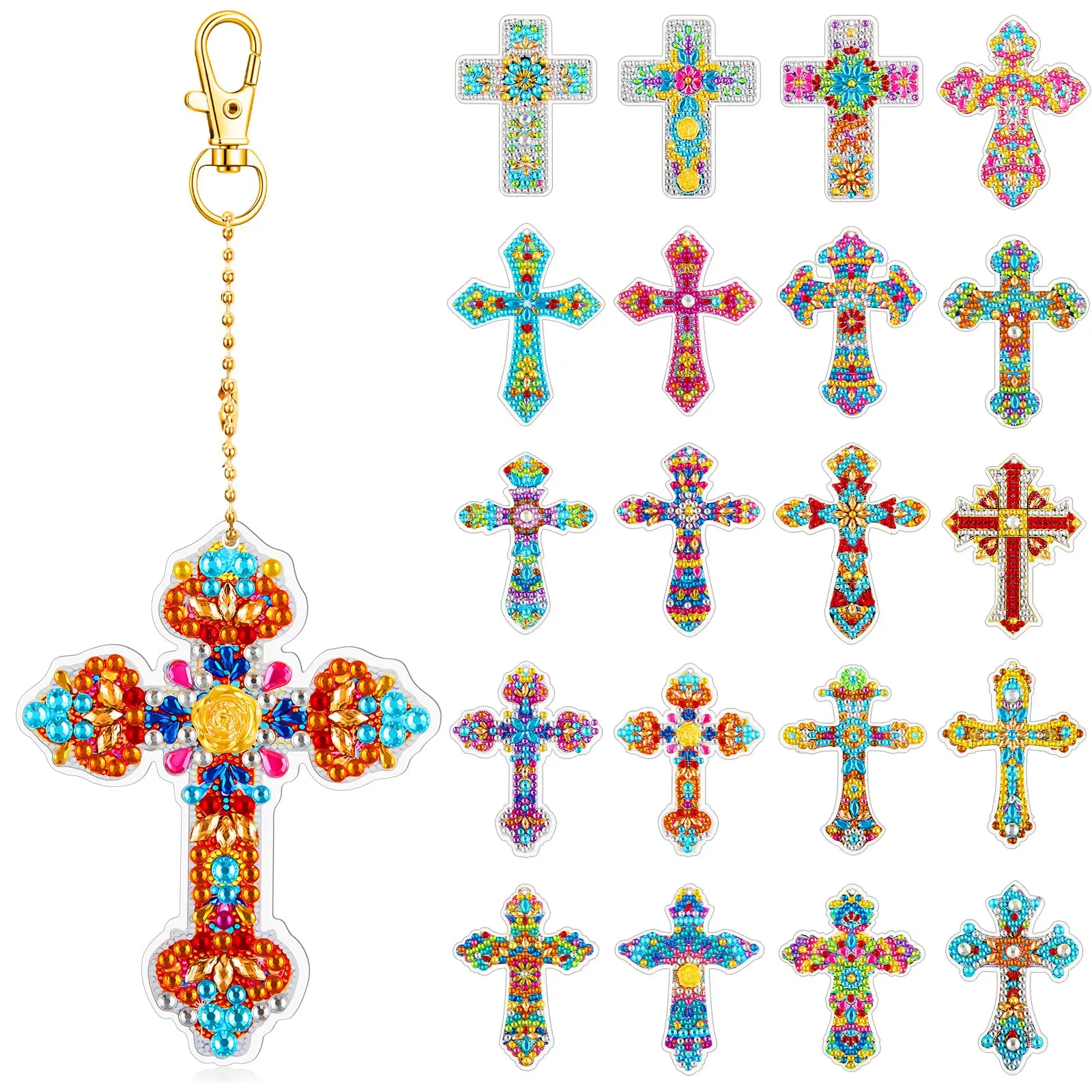 20 Pcs 5D Double-Sided Cross-Shaped Diamond Art Painting Keychain Kits, Keychain Jewelry for Beginners, Gem Craft DIY Supplies, Home Décor & Gift Options (Cross)