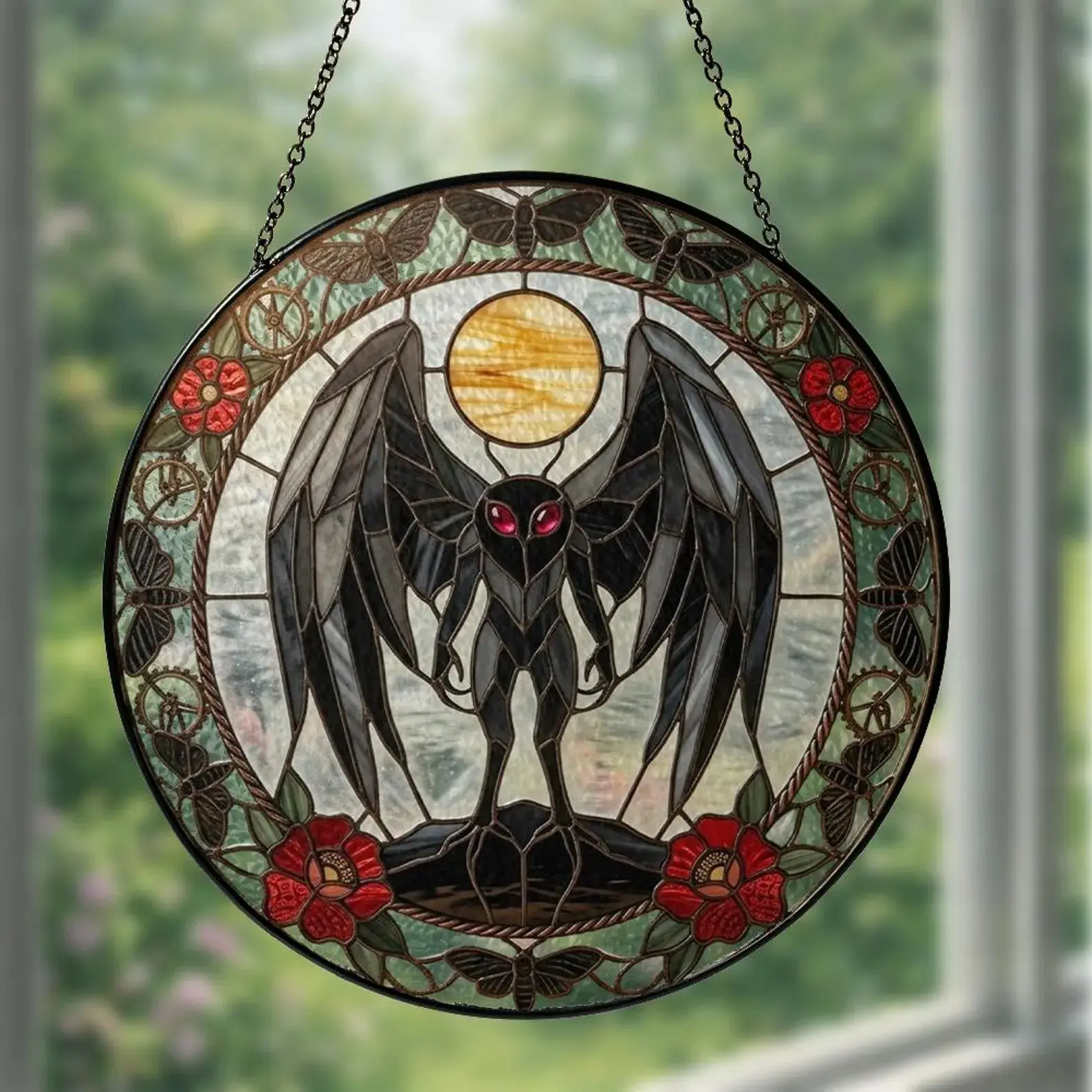Mothman Stained Glass Suncatcher, Cryptid Window Hanging, Spooky Gothic Room Decor