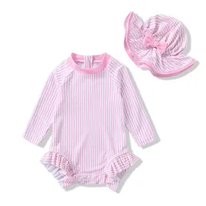 Infant Baby Girl Swimsuit One-Piece Long Sleeve Rash Guard with Hat Set Floral Zipper Bathing Suit Leopard Beach Wear