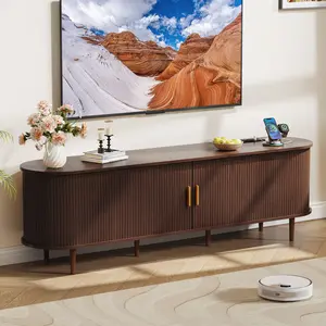 【Deals 】DHH  Fluted TV Stand & Media Console for Living Room! With Built-in Power Outlets & Sliding Doors. Designed for Modern Families to Effortlessly Hide Messy Cables & Create a Clutter-Free, Quiet Luxury Space (Fits 80" TVs)（Walnut）