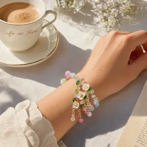 Floral Crystal Beaded Bracelet -  Costume Jewelry with Elegant Camellia & Daisy Design for Girls, Random Color Shipment