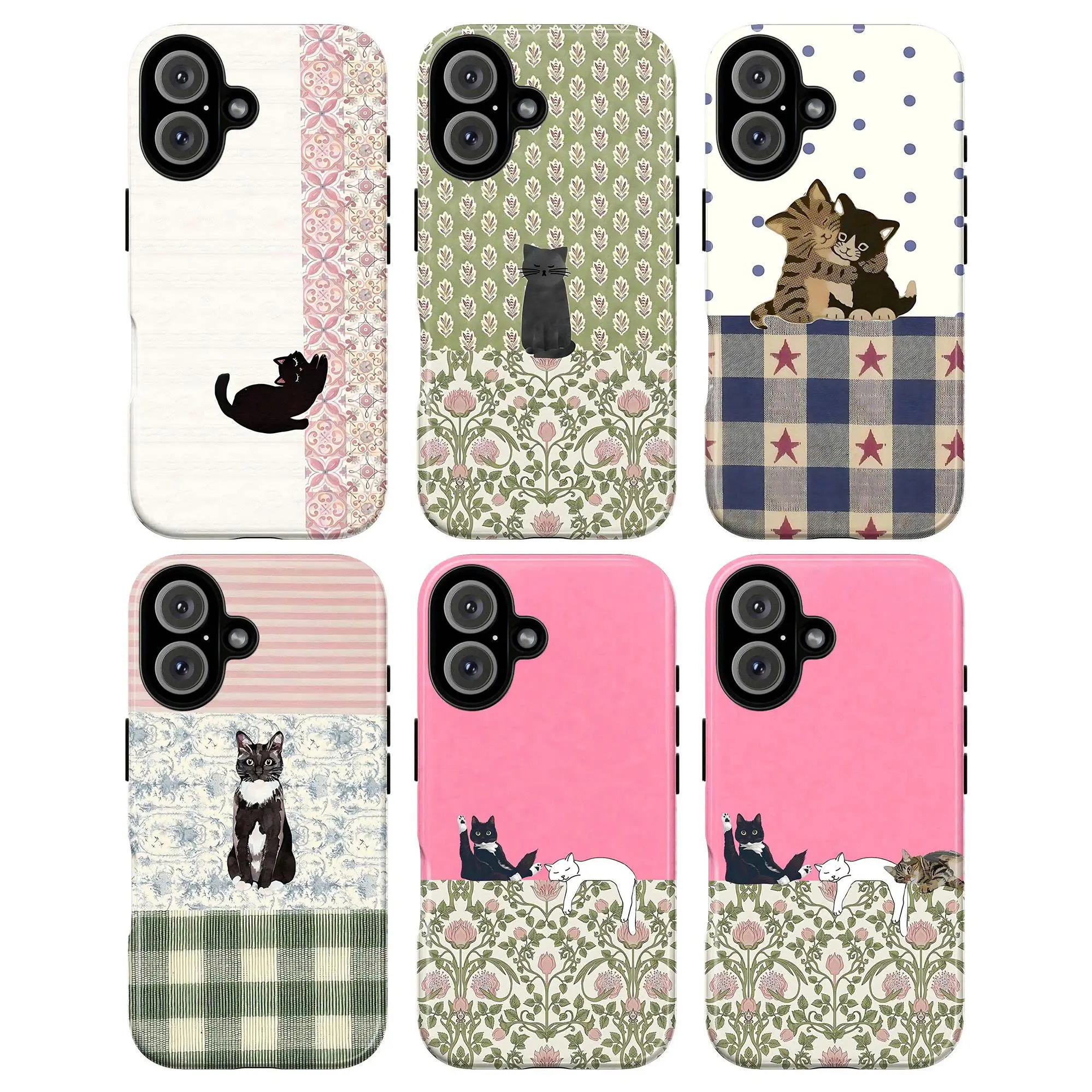 Whimsical Cat Phone Case – Cute Sleeping Cat Illustration with Vintage Floral & Cottagecore Pattern Aesthetic Cover for iPhone 17 16 15 14 13 12 11 Pro Max X XS & Samsung Galaxy S21–S25 Plus Ultra | Kawaii Retro Cat Lover Gift