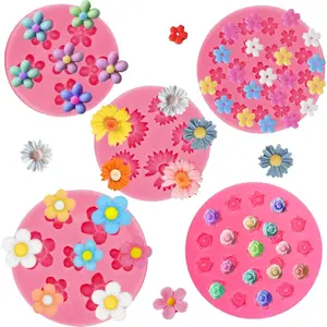 5Pcs Flower Silicone Candy Mold, Mini Fondant Chocolate Molds, Small Rose Flower Resin Soap, Ice Cube, Wax Melt baking Mold For Cake,Cupcake Decoration (pink)