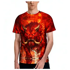 Men's 3D Full Print Short Sleeve T-Shirt, Hellfire Bull Demon! Lava Thunder 3D Print T-Shirt, Unisex