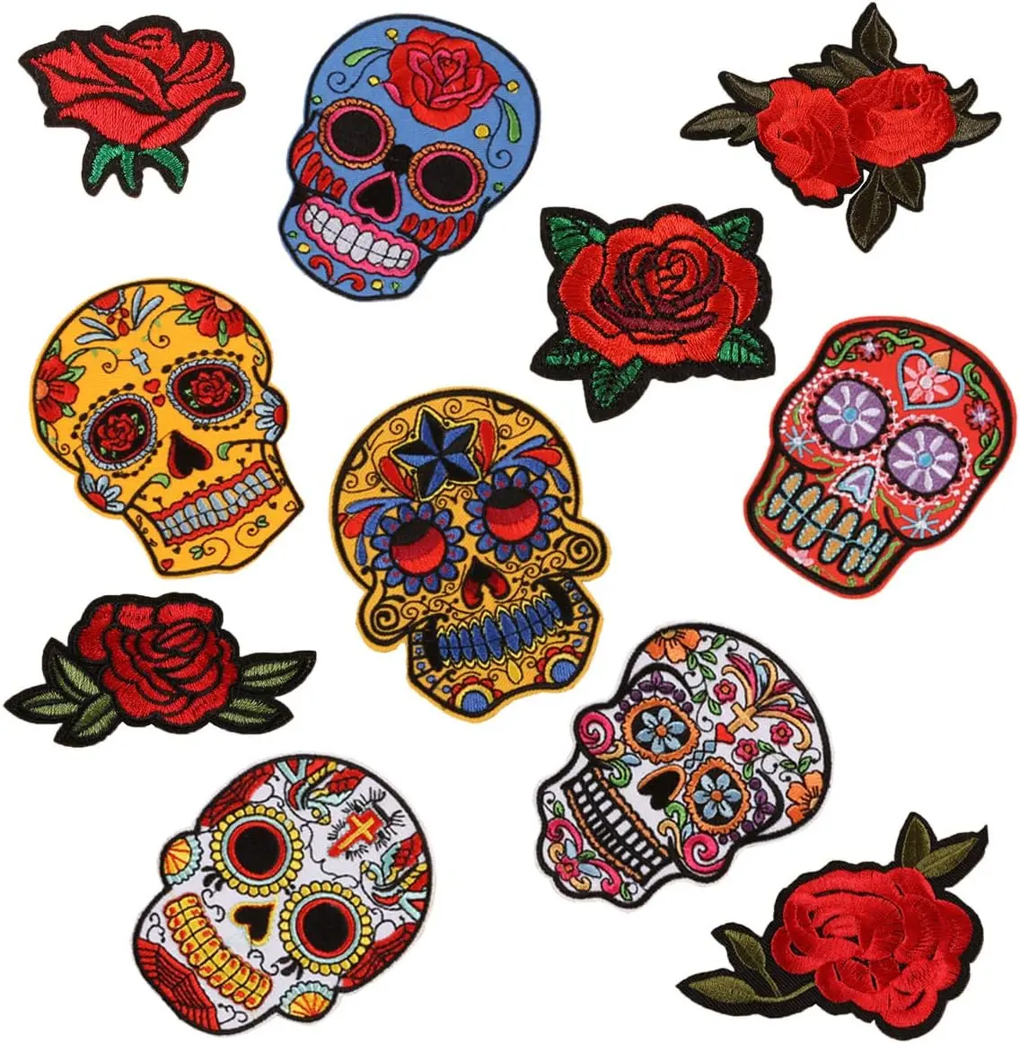 Skull Rose Patches Sugar Skull Embroidery Flowers Sew On Appliques Ghost Head Cloth Chest Sticker with Day of The Dead Badges Logo for Free DIY Decoration Coat, Jackets, Jeans(11 PCS)