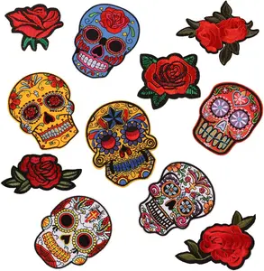 Skull Rose Patches Sugar Skull Embroidery Flowers Sew On Appliques Ghost Head Cloth Chest Sticker with Day of The Dead Badges Logo for Free DIY Decoration Coat, Jackets, Jeans(11 PCS)