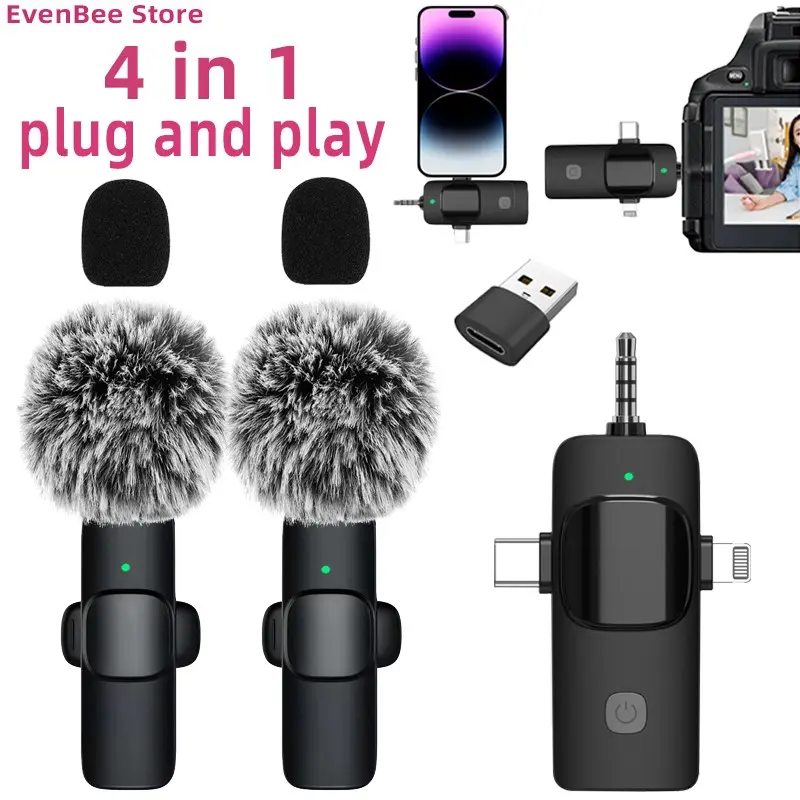 4 In 1 Wireless Lavalier Microphone Recording Mic 3.5mm Intelligent Noise-Reducing Mic For Iphone Android SLR Camera Loudspeaker Speake radio Live Streaming Equipment, Noise Cancelling Mic Wireless Mics