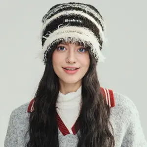 New Style Loose Chic Hat Lazy Style Fashion Stripes Beanie Hat Sweet Winter Hats For Women Streetwear Knit Hats For Girl