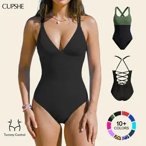 CUPSHE TikTokShopSpringGlowUp One-Piece Swimsuit: Plunging V Neck Sculpting Tummy Control Bathing Suit Swimswimsuits Swimwear with Adjustable Lace-Up Back (Size XS-3XL)