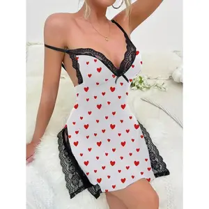 Plus Size Women's Lace-Trimmed Side-Slit Chemise – Cute & Casual Spaghetti Strap Nightgown
