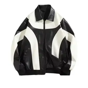 Autumn and Winter Hip Hop Men's Faux Leather Jacket Padded Windbreaker Motorcycle Biker Bomber Coat Women mem Black & White Striped Design