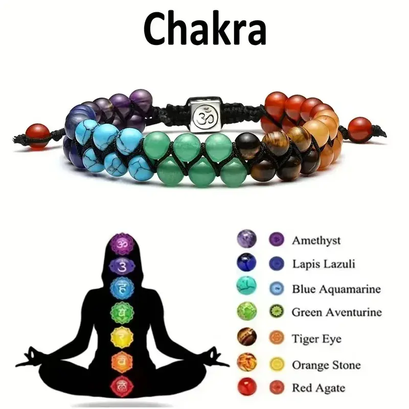 7 Chakra Beaded Bracelet - Natural Crystal Healing Crystals Adjustable Bands Woven Rope Bangle, Unisex Spiritual Jewelry for Yoga Meditation, Daily Casual Chakra Stone Bracelets & Bangles