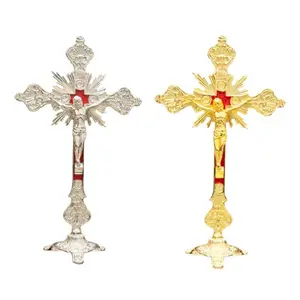 10“ Gold Plated Catholic Crucifix, Metal Jesus Cross with Stand, Perfect for Home Altar, Religious Decor, and Spiritual Gifts