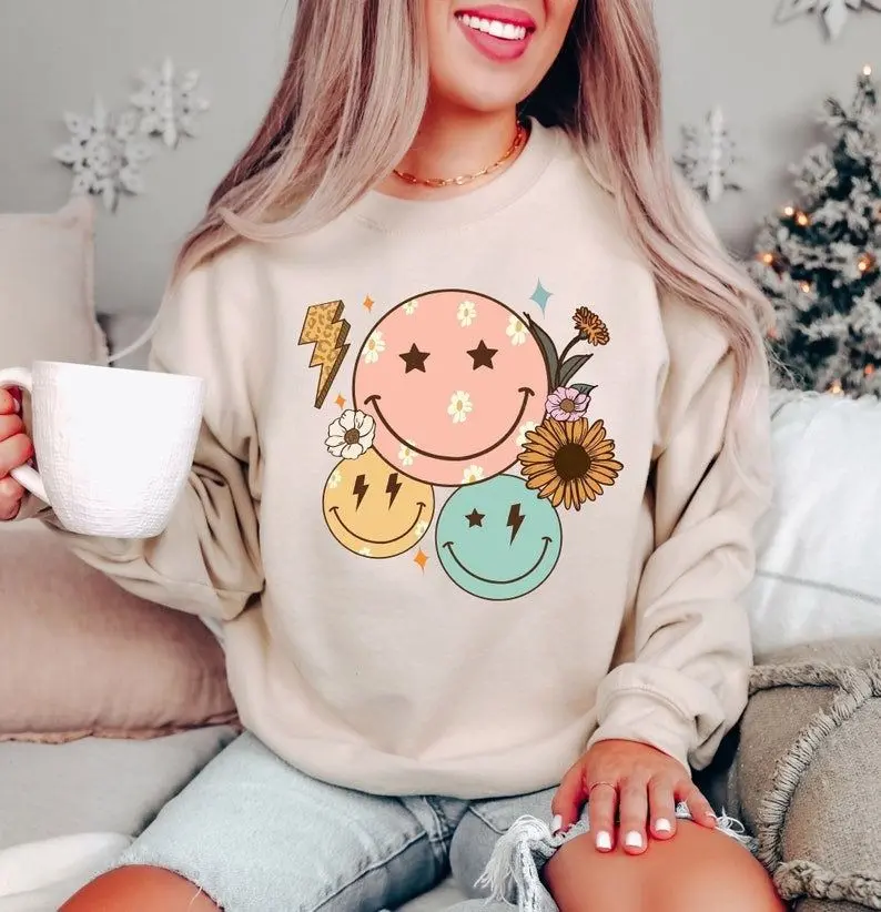 [Sale off up to 50%] Retro Smiley Face Sweatshirt, Smile Sweatshirt, Sunflower Hoodie, Positive Vibes Hoodie, Hippie Sweater, Wildflower Hoodie,Preppy Sweatshirt