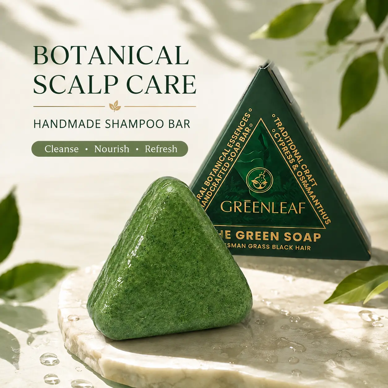 Plant-Based Triangle Cleansing Shampoo Bar - Natural Shampoo Cleanser for All Hair Types, Infused with Usman Grass & 14 Plant Extracts, Compact Haircare for Home-Travel Everyday Use