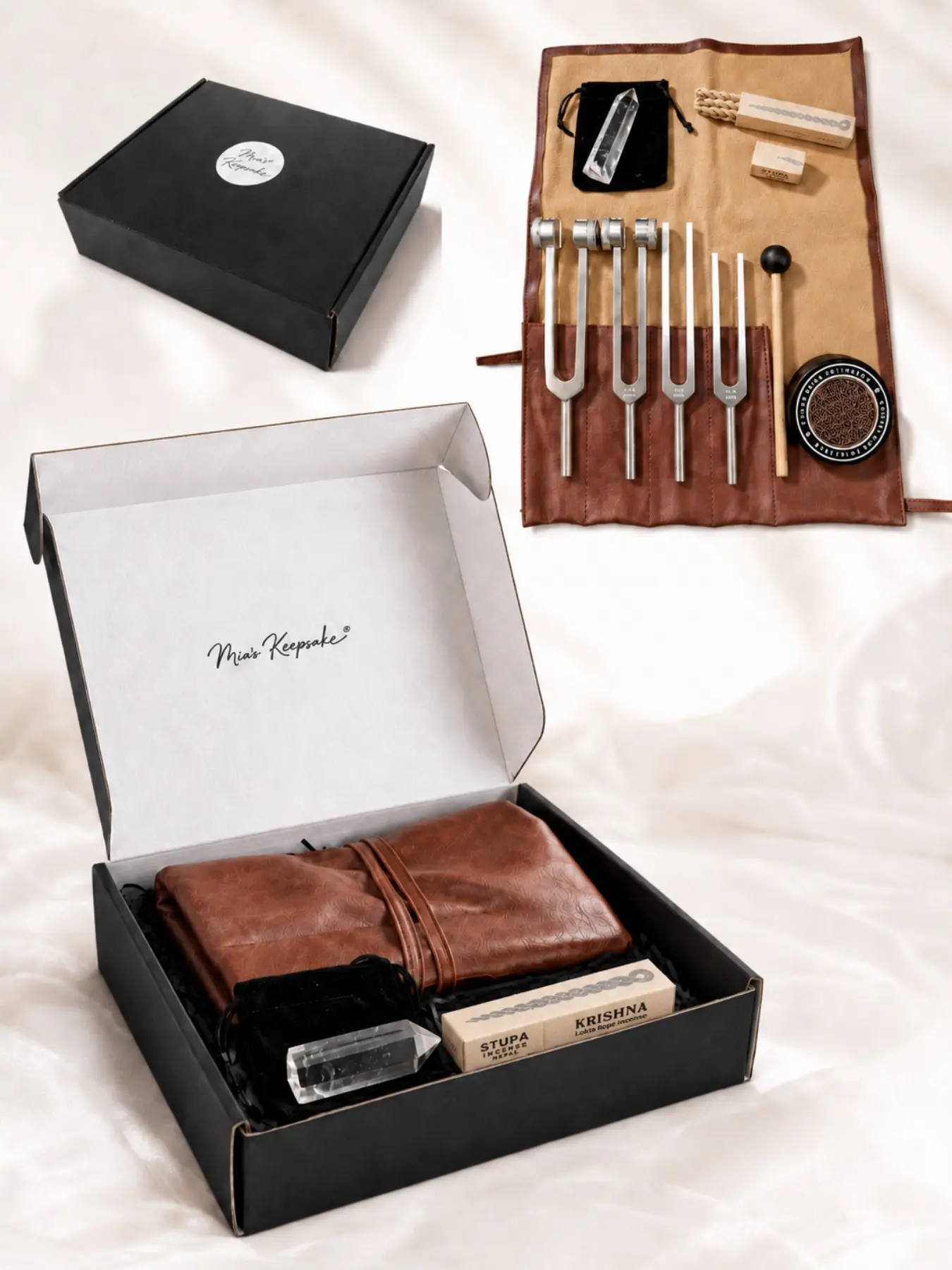 Mia Co-Branded Spiritual Wellness Gift Box, Gift Ready, Tuning Fork, Clear Quartz Crystal, Rope Incense, Meditation, Yoga, Relaxation, Energy Cleansing, Therapy